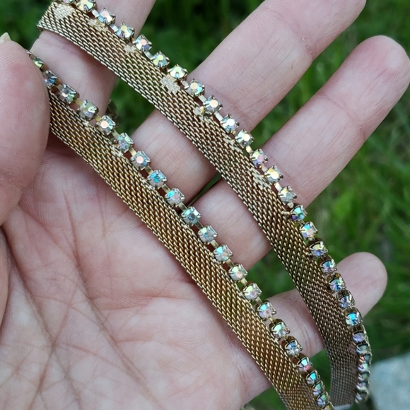 Vtg Golden Mesh AB Rhinestone Necklace Bracelet - Picture 3 of 8